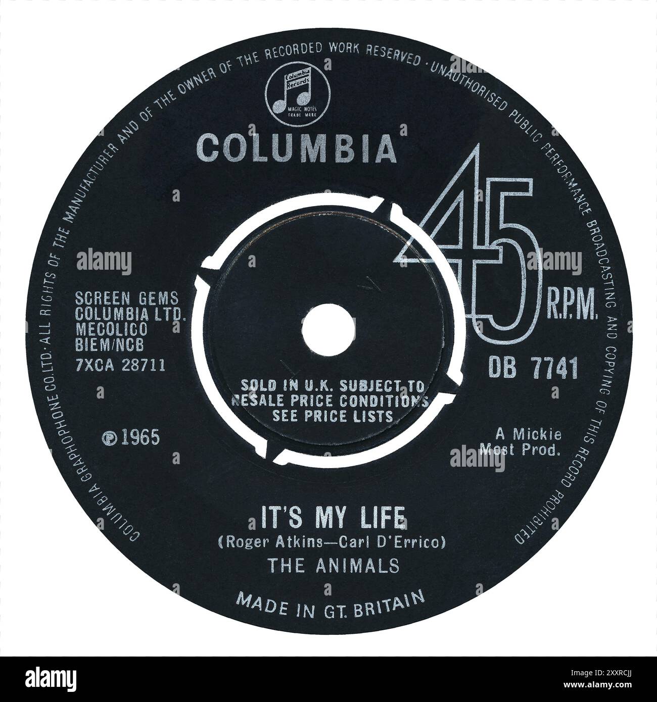 45 RPM 7' UK label de It's My Life by the Animals sur le label Columbia à partir d'octobre 1965. Écrit par Roger Atkins et Carl D'Errico. Produit par Mickie Most. Banque D'Images