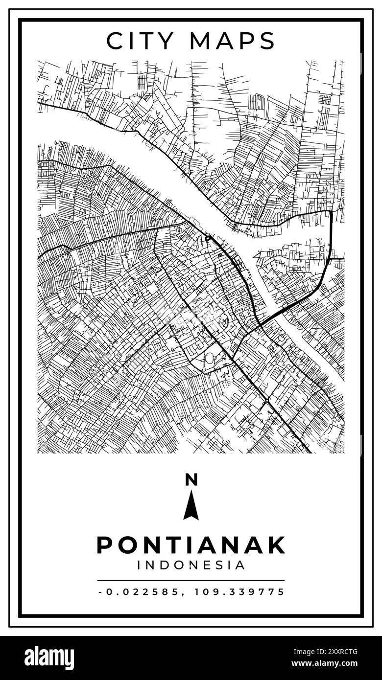 Carte imprimable en noir et blanc de Pontianak City Indonésie conception d'affiche de bannière, illustration vectorielle Illustration de Vecteur