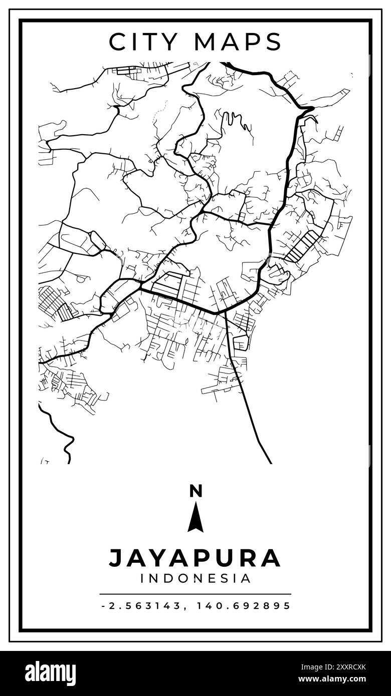 Carte imprimable en noir et blanc de la conception d'affiche de bannière de la ville de Jayapura Indonésie, illustration vectorielle Illustration de Vecteur