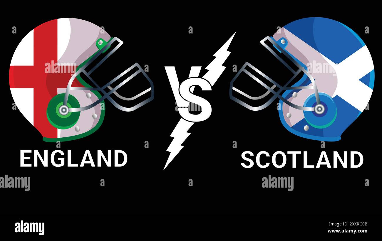 Casque de cricket England vs Scotland 3D avec drapeaux sur fond noir Illustration de Vecteur