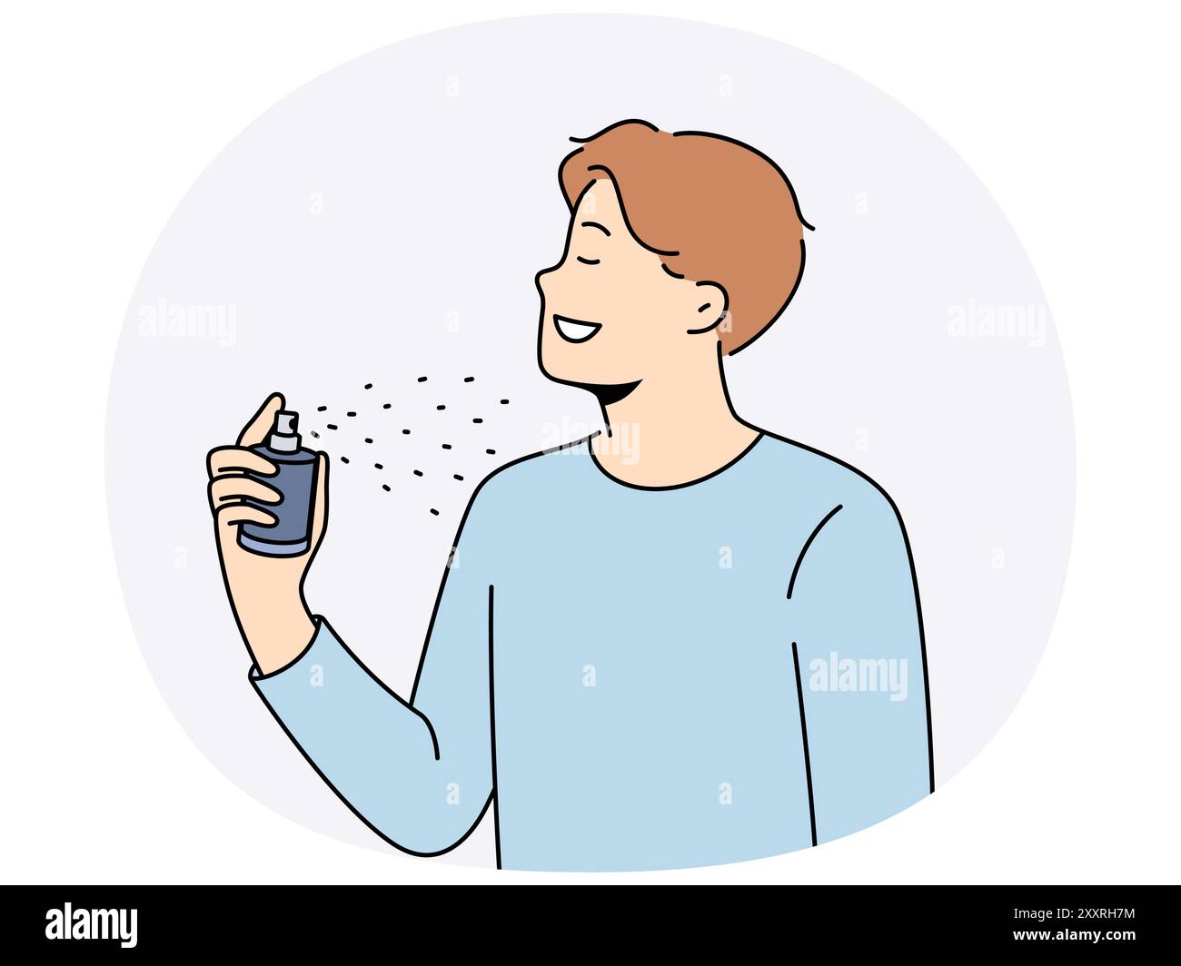 L'homme tient la bouteille de parfum et l'utilise avant date avec la fille pour exsuder bon parfum. Jeune homme en t-shirt décontracté fermant les yeux, applique du parfum ou du déodorant sur le corps pour se débarrasser de la mauvaise odeur. Illustration de Vecteur