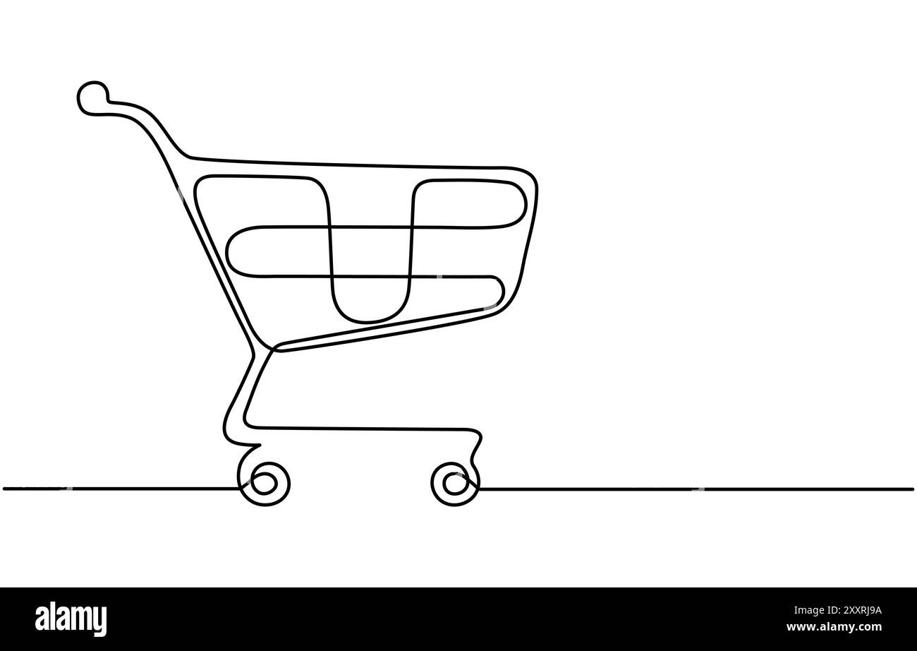 Icône de ligne continue du panier, dessin continu d'une ligne d'art. Achats en ligne en magasin. Concept commercial de chariot. Illustration de Vecteur