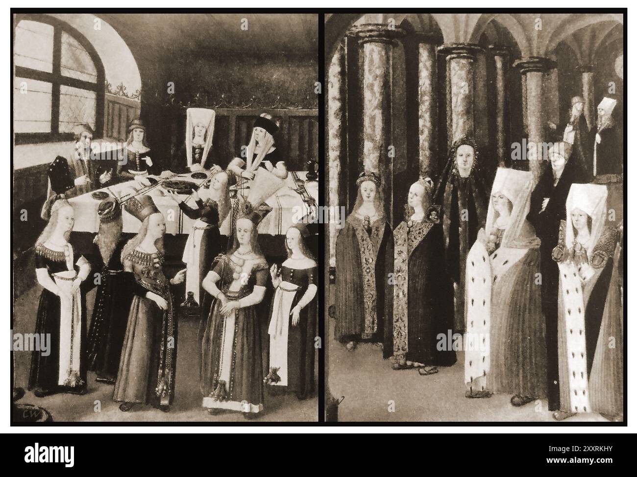 Une illustration victorienne d'une représentation antérieure de la robe des Maidens (à gauche) et des femmes plus âgées (à droite) du XVIe siècle, (peut-être britannique) Banque D'Images