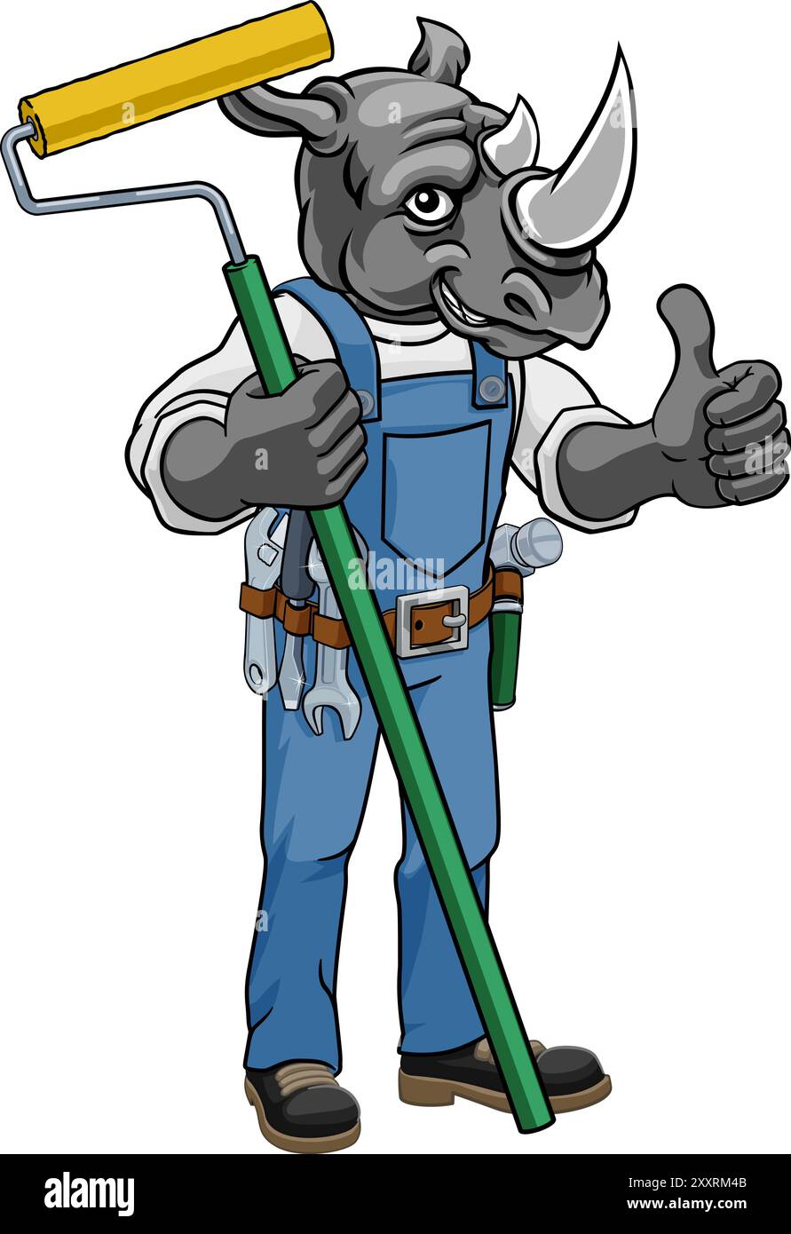 Rhino Painter Decorator Paint Roller Mascot Homme Illustration de Vecteur