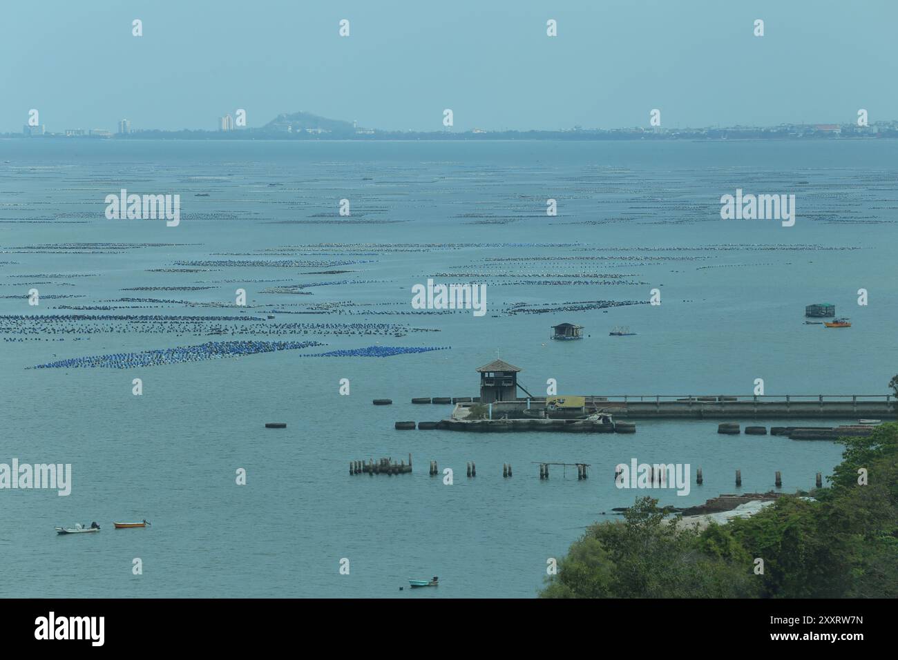 Ferme d'huîtres et de moules sur la côte de la province de Chonburi et il y a un pont menant à la mer., côte de la mer par temps clair. Banque D'Images