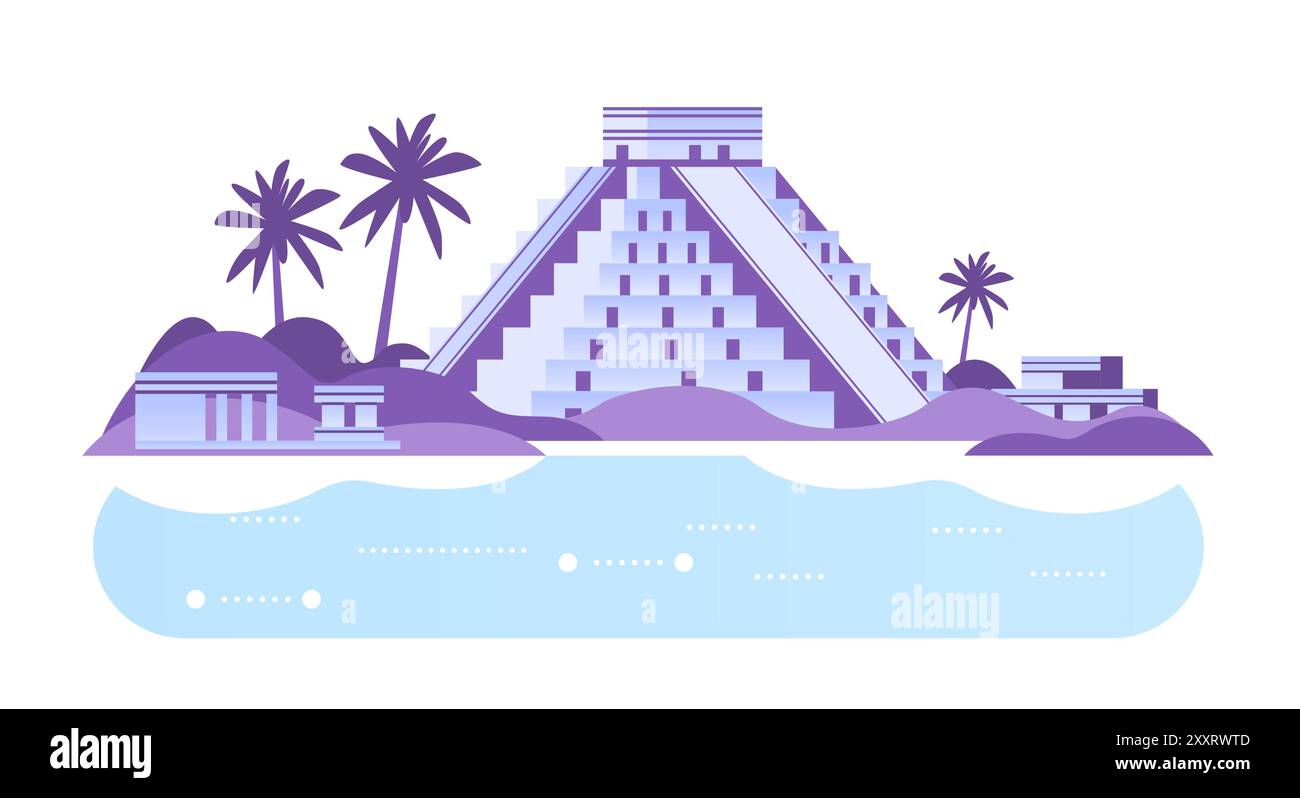 Ancienne pyramide avec des palmiers et des ruines au bord de la mer dans un style minimaliste Illustration de Vecteur