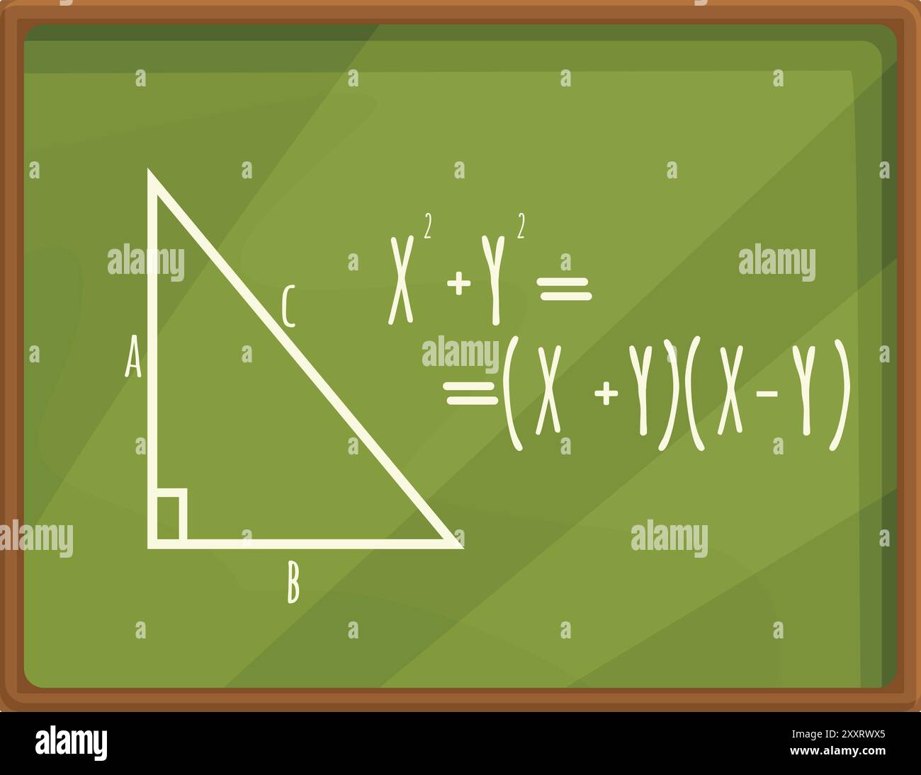 Tableau vert avec un dessin géométrique et l'équation du théorème de pythagore écrite en blanc Illustration de Vecteur