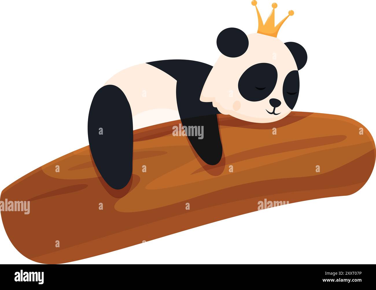 Adorable bébé ours panda portant une couronne d'or faisant une sieste sur un tronc d'arbre Illustration de Vecteur