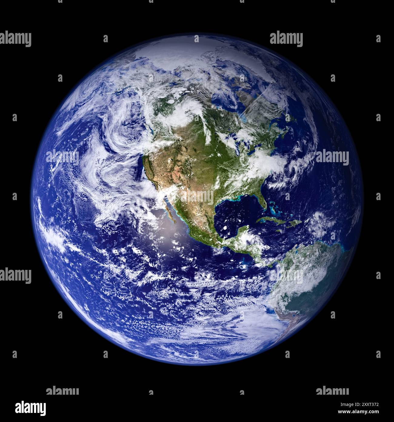 Terre - mosaïque en couleurs vraies d'images satellites recueillies en 2002 à l'Observatoire de la Terre de la NASA montrant notre maison, la troisième planète du Soleil qui n'est ni trop chaude ni trop froide mais juste juste! Amélioré et agrandi numériquement pour les médias imprimés et les expositions éducatives. Crédit : NASA Goddard Space Flight Center / Reto Stöckli / Futuras Fotos Banque D'Images