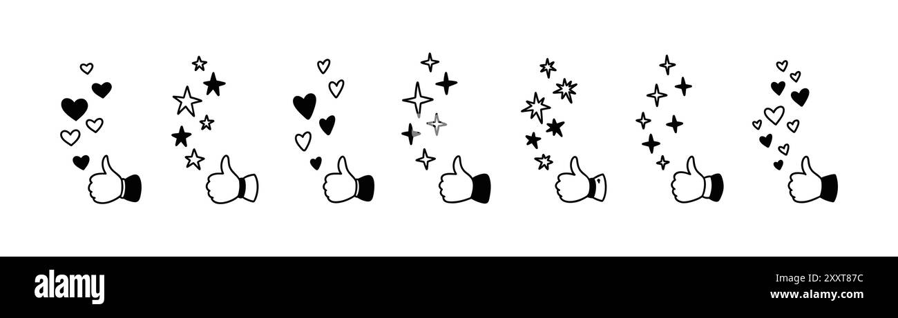 Mignon ligne doodle icône pouce vers le haut. Réaction positive pour la publication sur les médias sociaux, le streaming en direct, le livre, l'expérience d'achat en ligne. Écriture manuscrite étoiles tombantes, bli Illustration de Vecteur