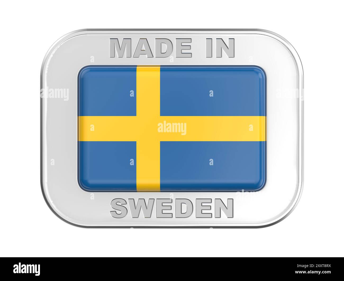 Fabriqué en Suède, badge argenté avec le drapeau national de la Suède Banque D'Images
