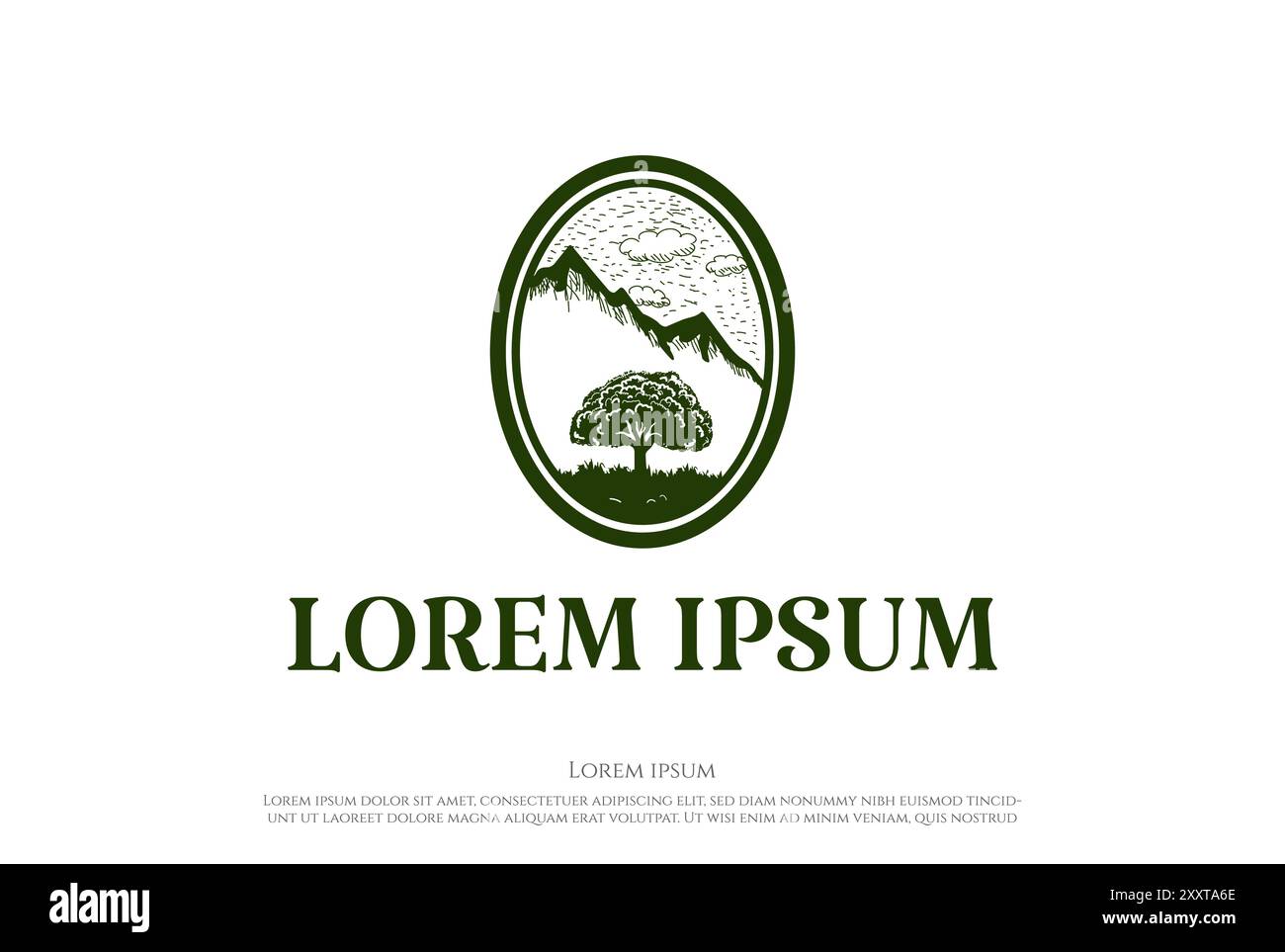 Vintage Retro Mountain Hill avec Oak Banyan Tree logo Design Vector Illustration de Vecteur