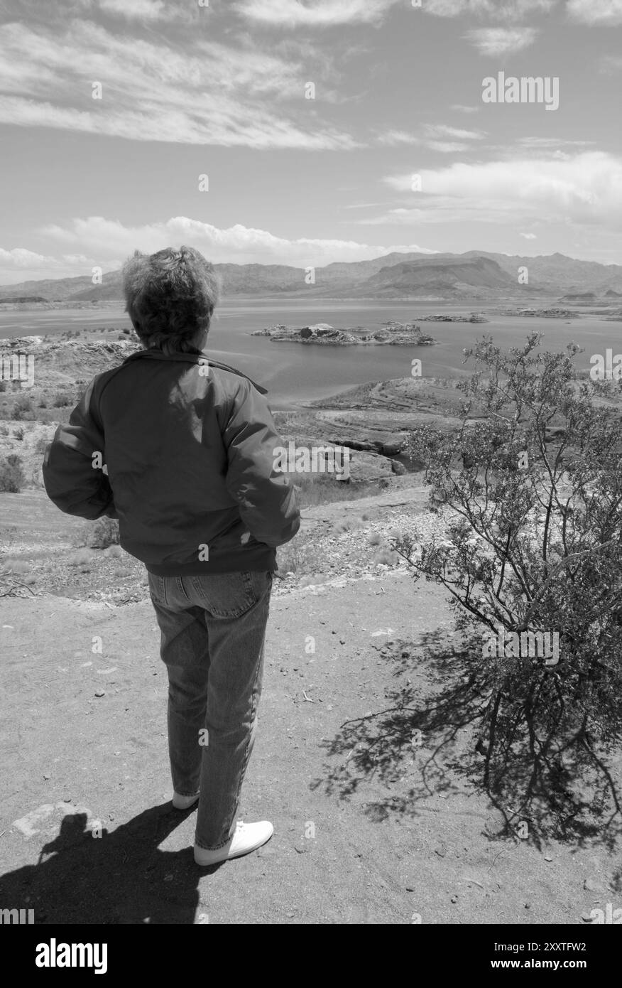 Femme caucasienne, de 55 à 60 ans, admirant la vue panoramique à Lake Mead National Recreation Area, Nevada, États-Unis Banque D'Images