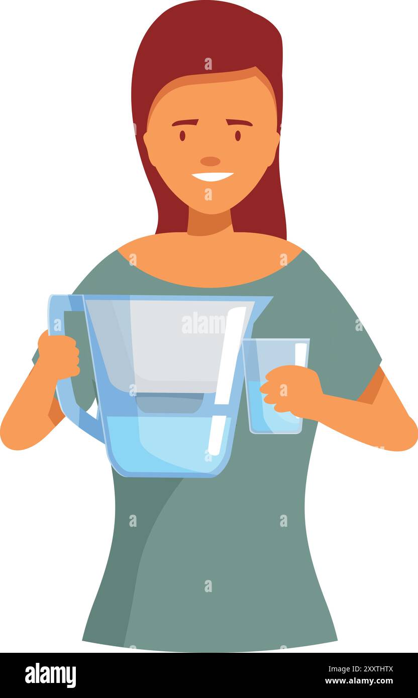 La jeune femme sourit tout en tenant une cruche filtrante et un verre d'eau propre Illustration de Vecteur