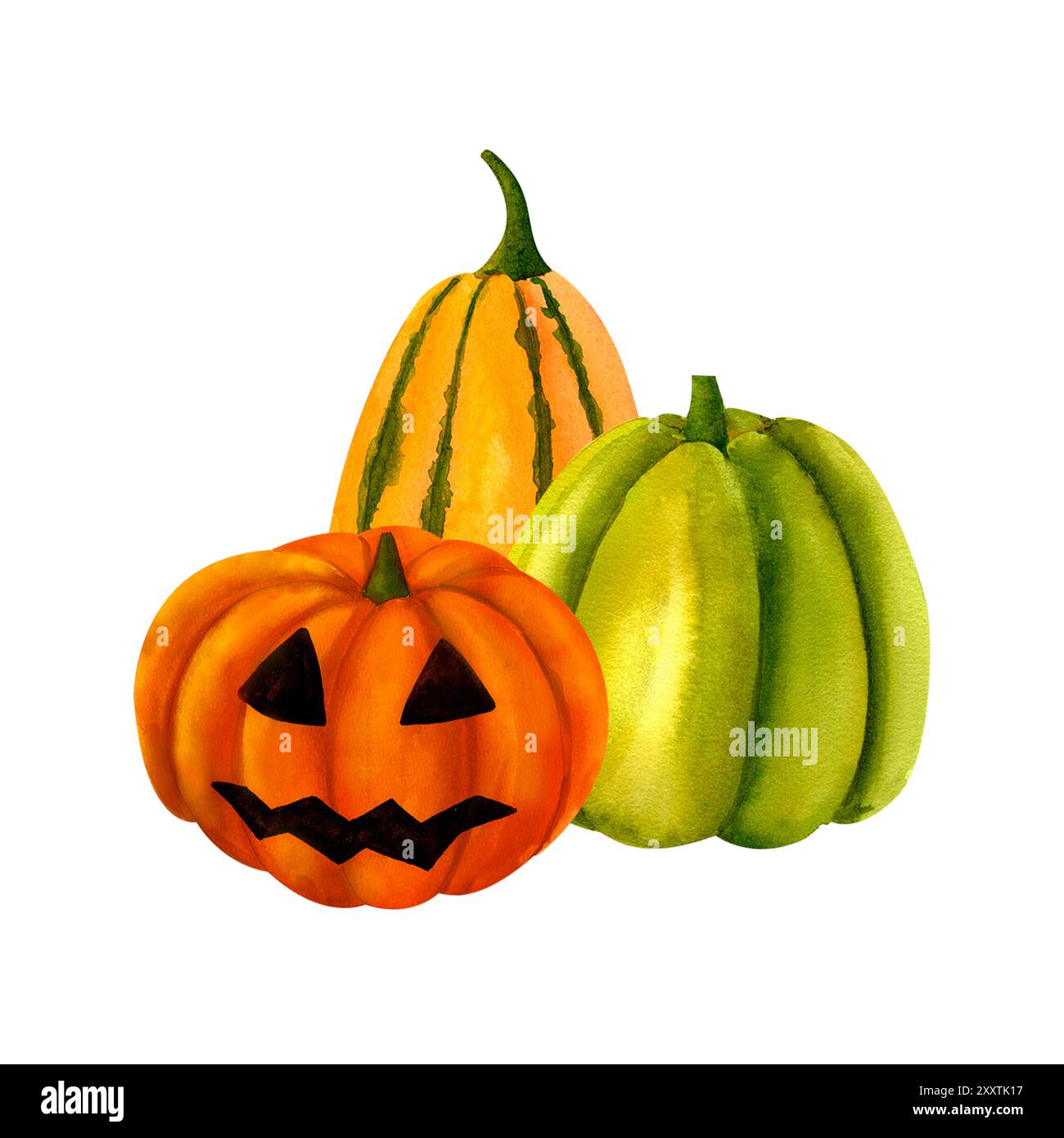 Composition d'Halloween de citrouilles orange et vertes avec jack-o'-lanternes, ambiance festive d'automne pour la décoration, impression sur cartes postales, autocollants, invitat Banque D'Images