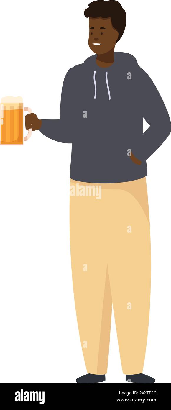 Le jeune homme se tient debout avec une tasse de bière à la main, apparemment en train de profiter d'une boisson rafraîchissante Illustration de Vecteur