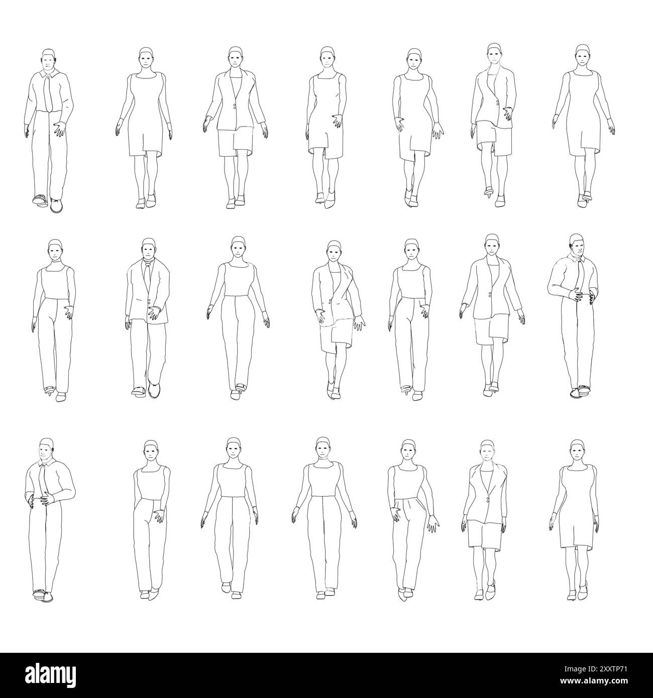 Ensemble avec les contours des gens marchant de lignes noires isolées sur fond blanc. Hommes et femmes marchant. Vue de face. Illustration vectorielle. Illustration de Vecteur