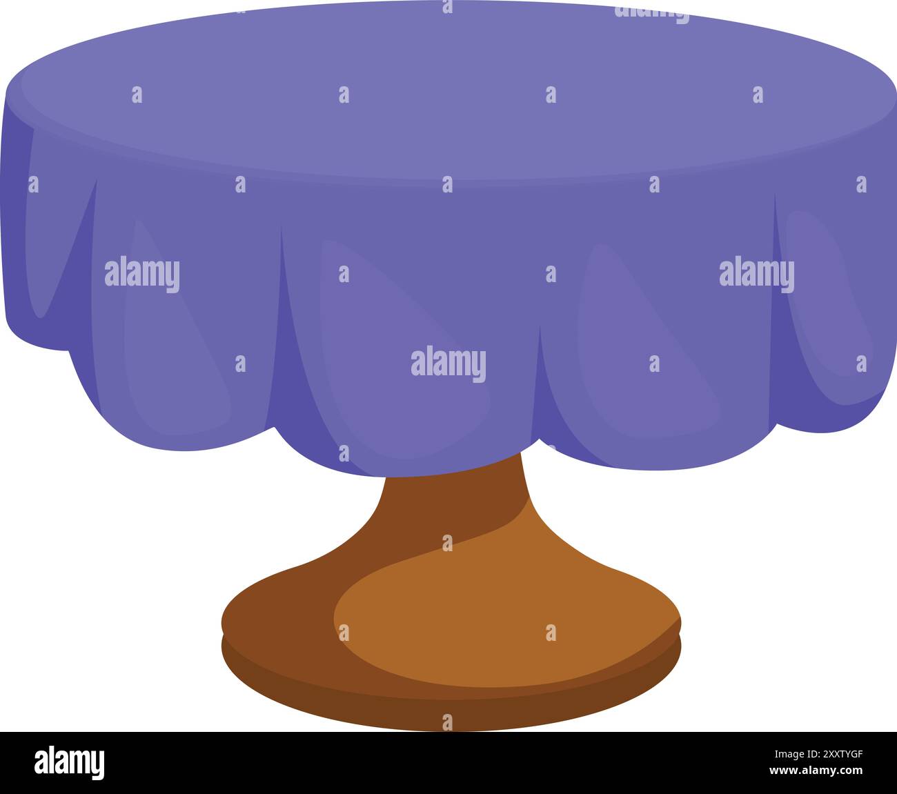 Table ronde en bois avec pieds courbés recouverts d'une nappe violette pour célébration ou occasion spéciale Illustration de Vecteur