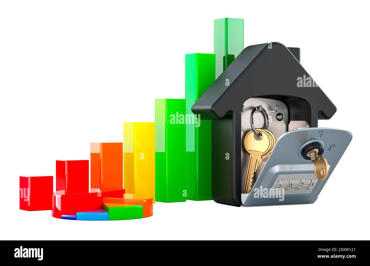 Boîte de sécurité pour le stockage et le transfert des clés avec graphique à barres de croissance et diagramme circulaire. Rendu 3D isolé sur fond blanc Banque D'Images