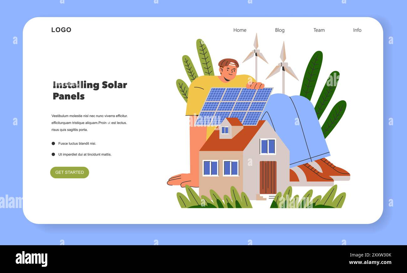 Concept d'énergie durable. Une personne installe des panneaux solaires sur une maison avec des éoliennes en arrière-plan. Énergie renouvelable et vie verte. Illustration vectorielle. Illustration de Vecteur