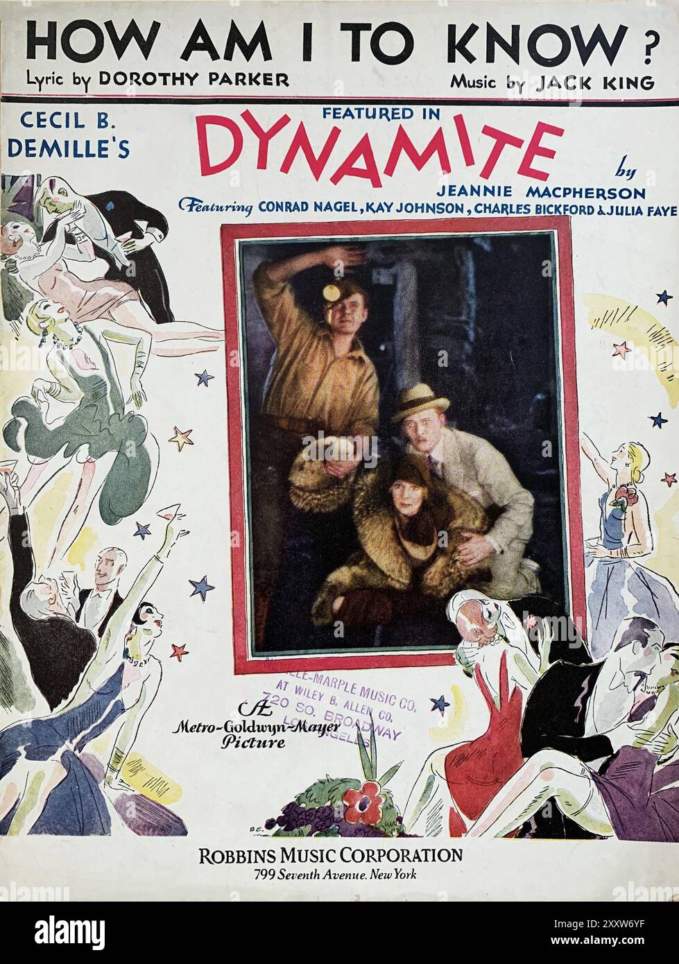 Partitions pour la chanson How Am I to Know paroles Dorothy Parker musique Jack King présenté dans le premier film sonore DYNAMITE 1929 avec CONRAD NAGEL KAY JOHNSON CHARLES BICKFORD et JULIA FAYE réalisateur CECIL B. DeMille Story Jeanie Macpherson Metro Goldwyn Mayer (MGM) Banque D'Images