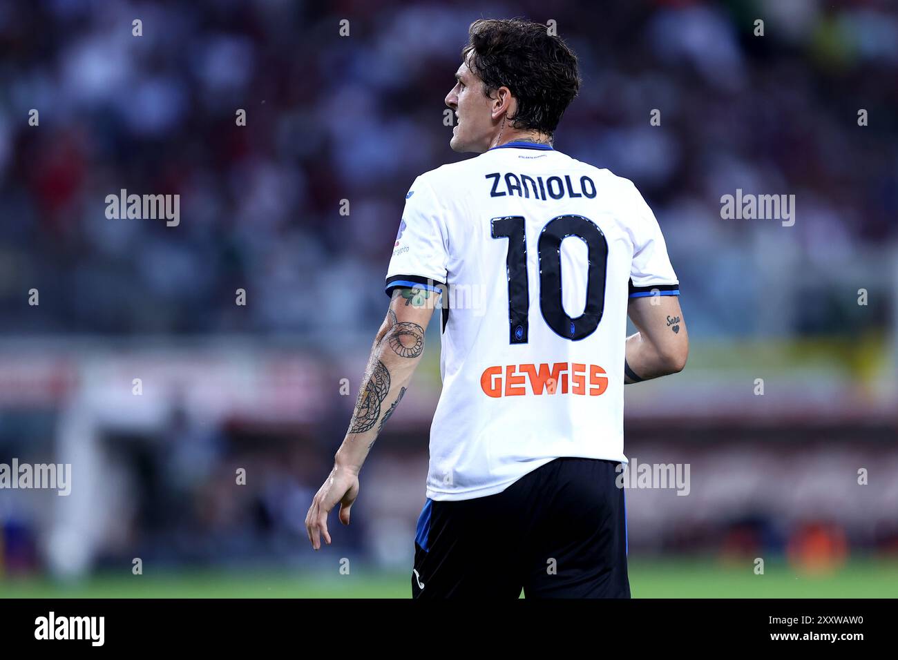 Turin, Italie. 25 août 2024. Nicolo Zaniolo d'Atalanta BC regarde pendant le match de football Serie A entre Torino FC et Atalanta BC. Crédit : Marco Canoniero/Alamy Live News Banque D'Images