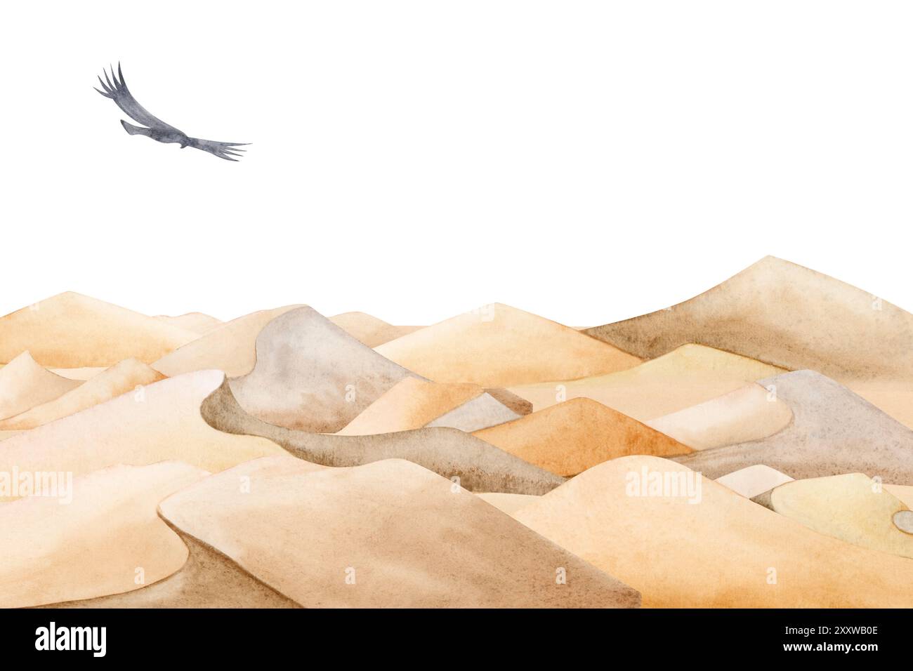 Paysage désertique aquarelle avec des dunes de sable et illustration dessinée à la main par oiseau d'aigle volant. Vue panoramique pittoresque Banque D'Images