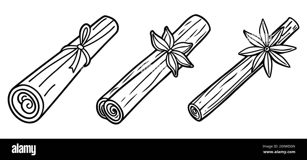 Ensemble de bâtonnets de cannelle. Bâtonnets de cannelle et anis étoilé, isolés sur fond blanc. Illustration vectorielle Illustration de Vecteur