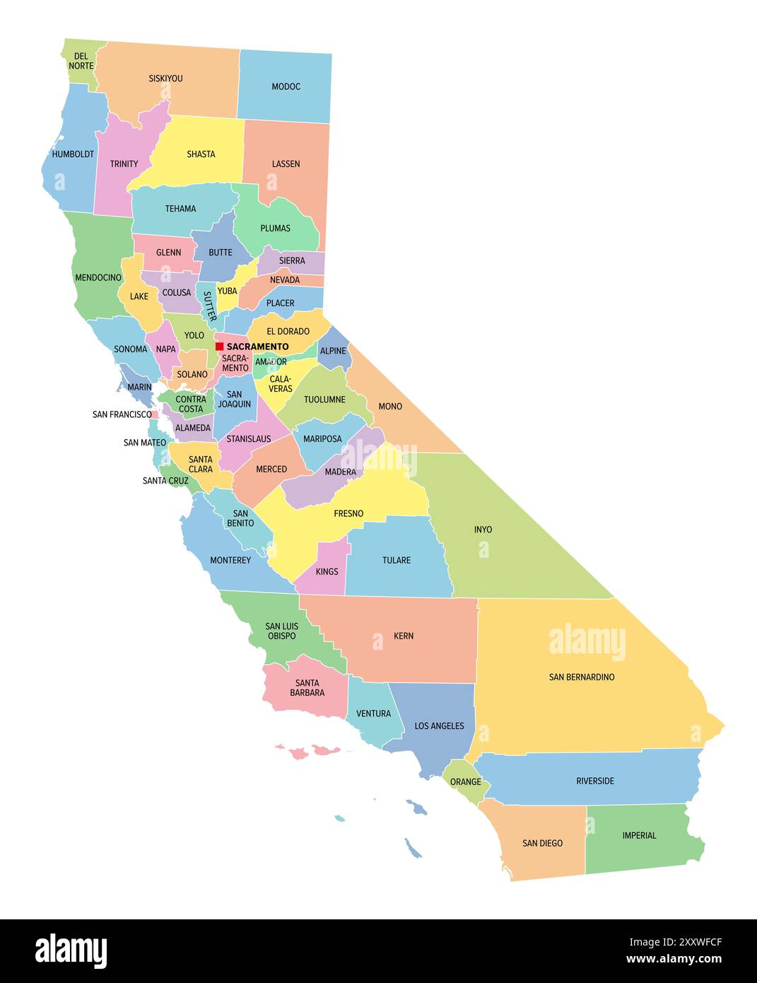 Californie, état américain, carte politique multicolore avec frontières, noms de comté et sa capitale Sacramento. Dans l'ouest des États-Unis. Banque D'Images