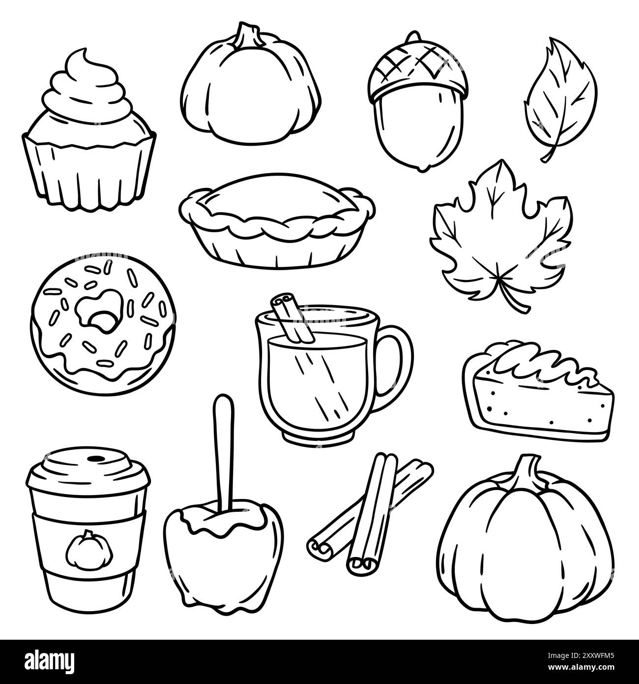 Articles d'automne et nourriture. Joyeux Thanksgiving et symboles traditionnels d'Halloween. Illustration de Vecteur