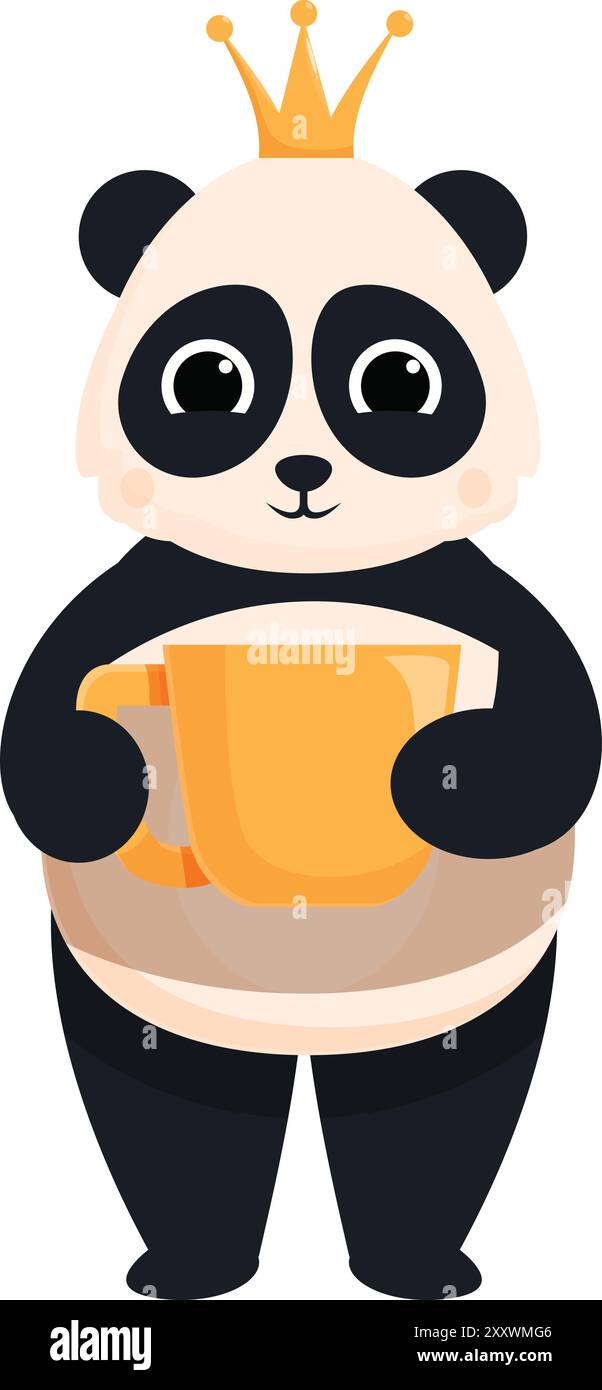 Ours de panda de dessin animé portant une couronne dorée, tenant une grande tasse orange Illustration de Vecteur