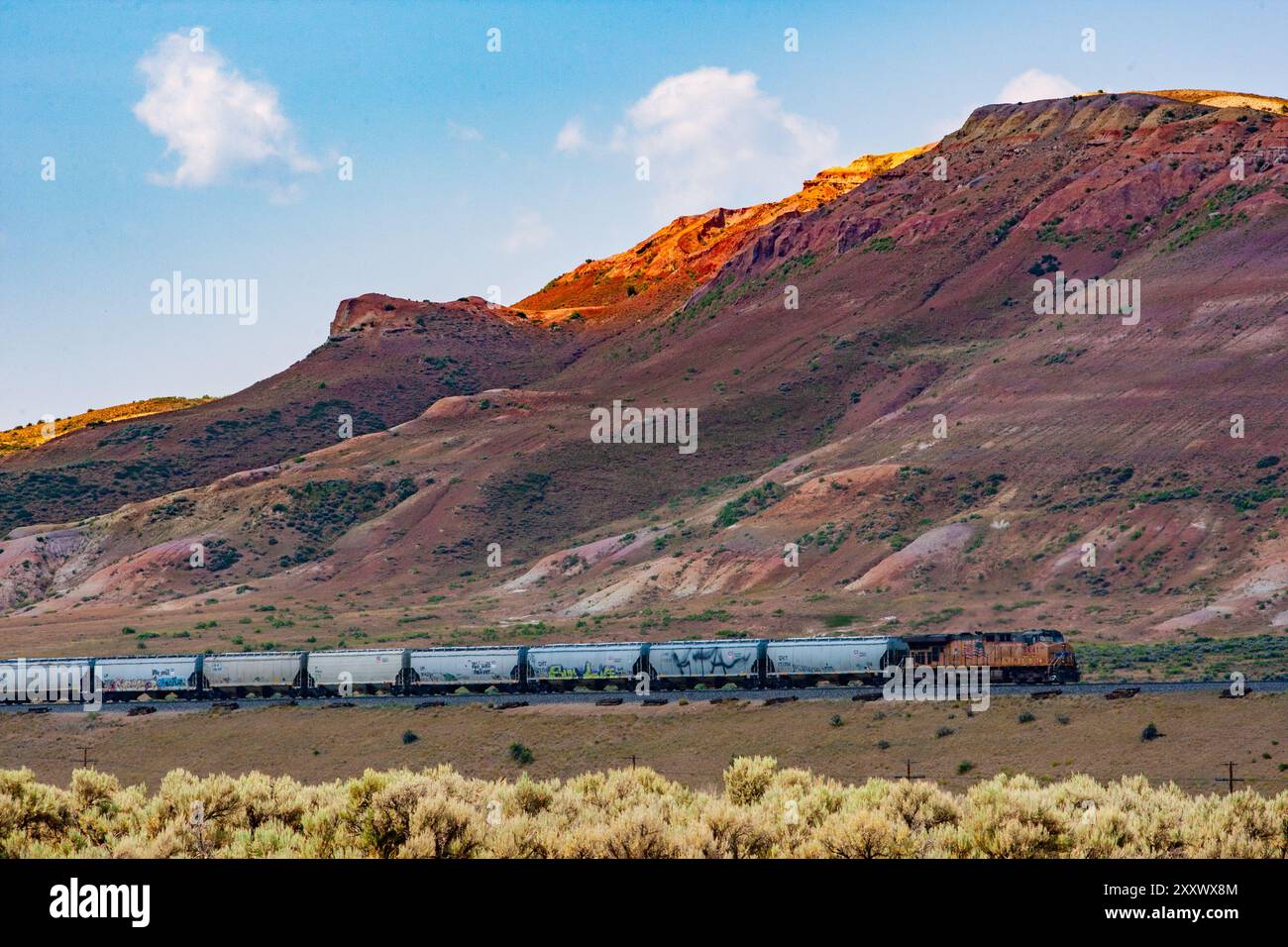 Une locomotive et son train défilent devant Fossil Butte National Monument dans le Wyoming, créant un contraste saisissant avec le monument en toile de fond Banque D'Images