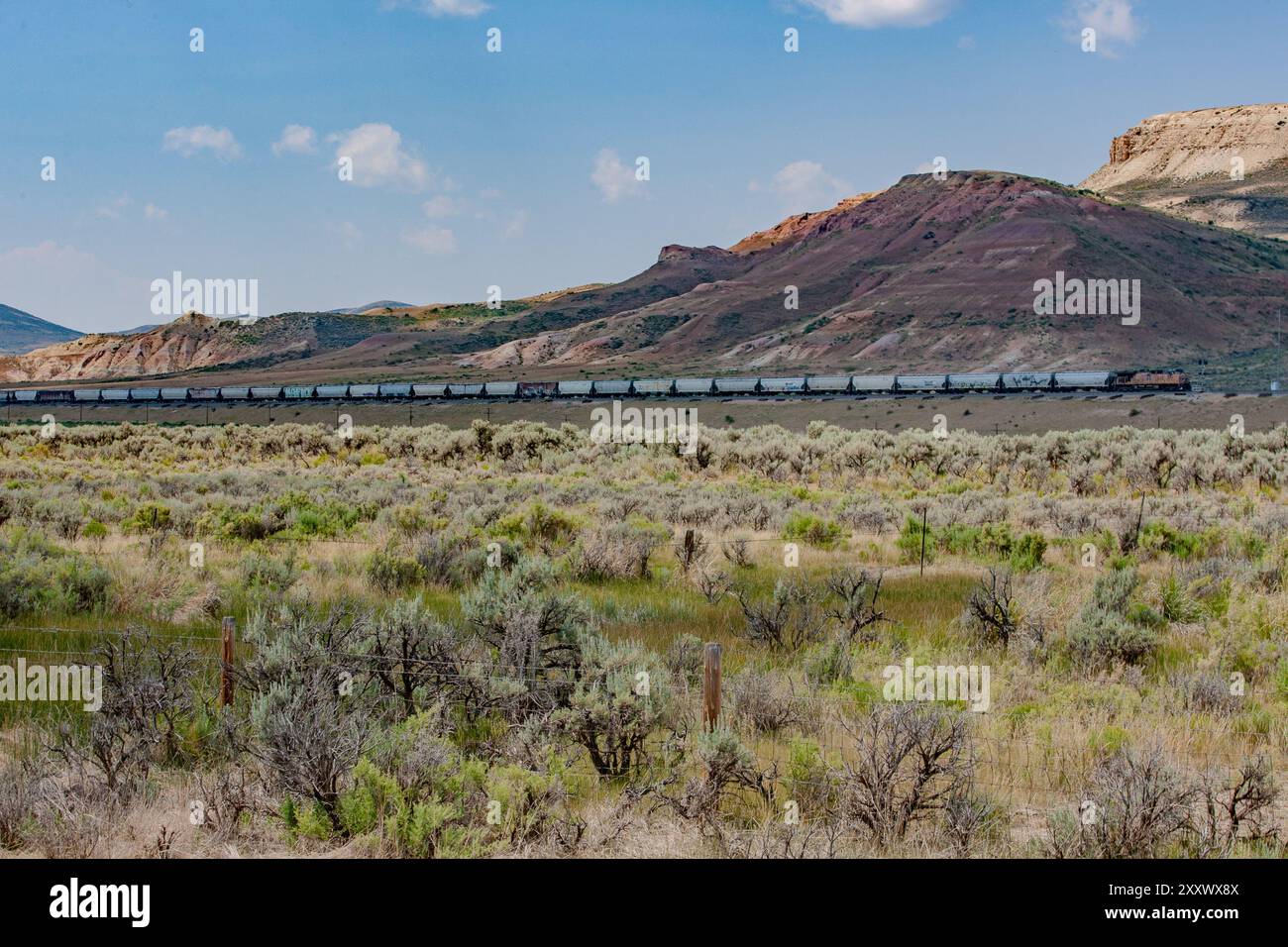 Une locomotive et son train défilent devant Fossil Butte National Monument dans le Wyoming, créant un contraste saisissant avec le monument en toile de fond Banque D'Images