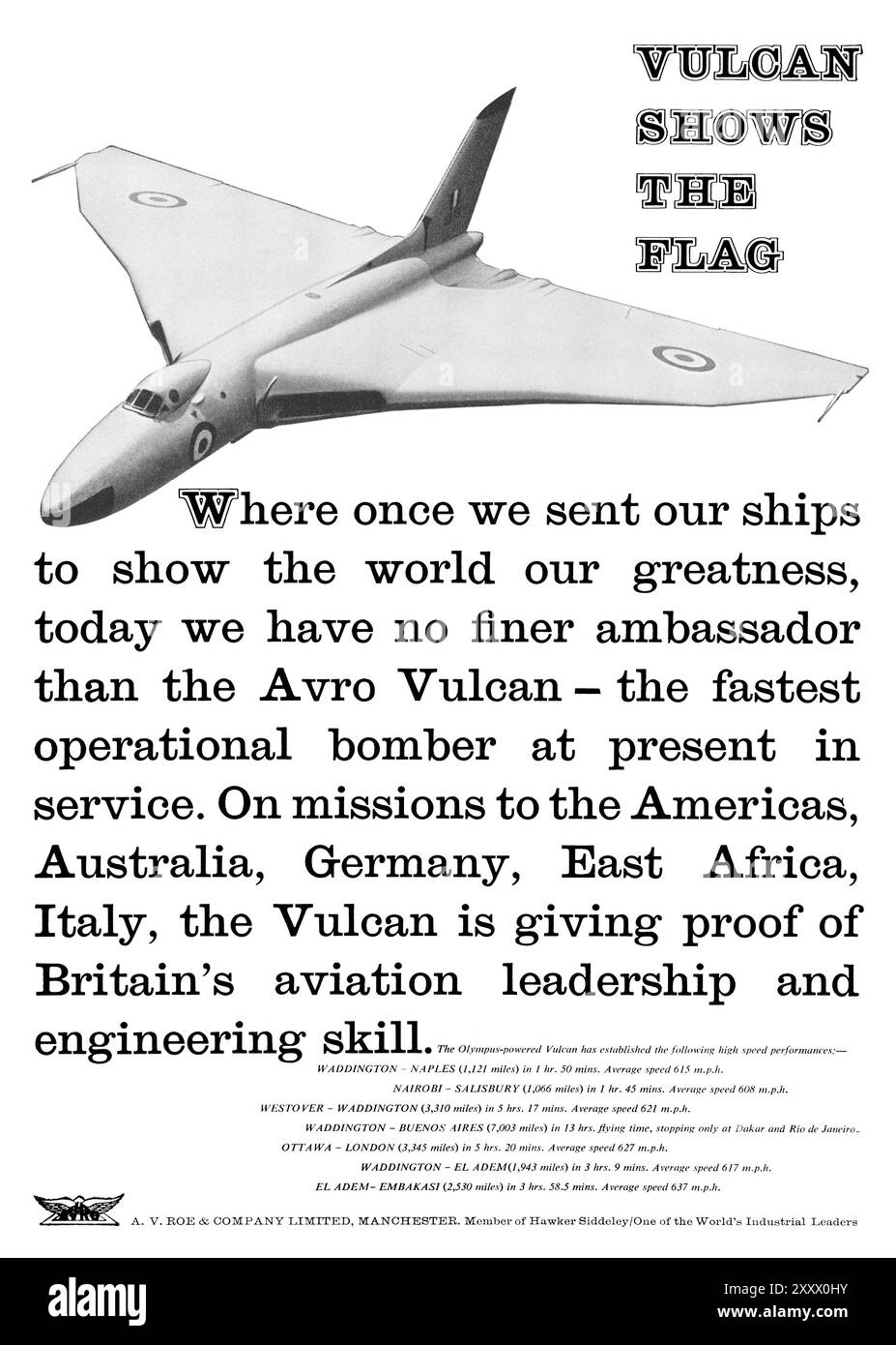 1958 publicité britannique pour le bombardier à réaction Avro Vulcan à aile delta. Banque D'Images