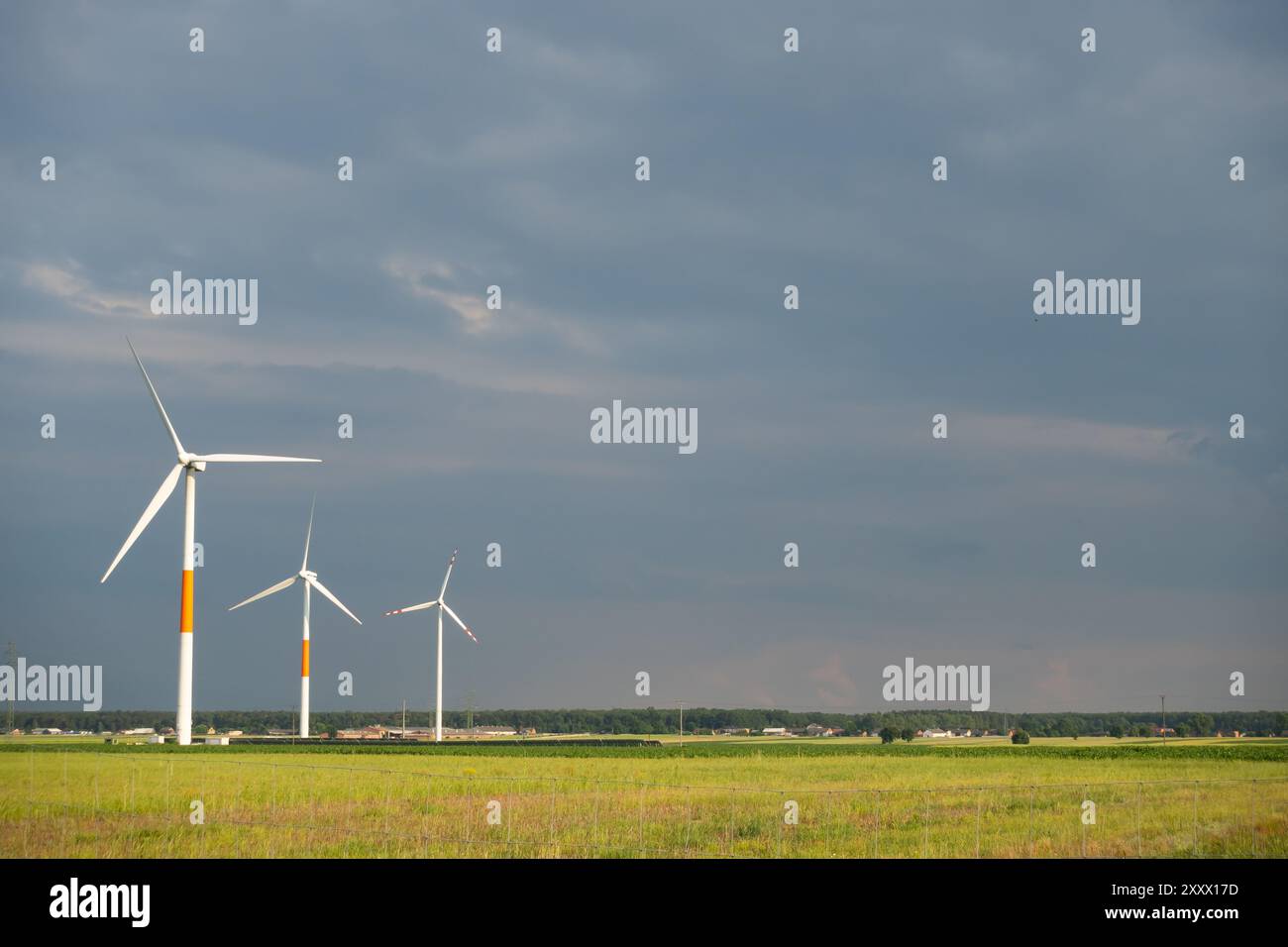 Éoliennes blanches lointaines contre un ciel nuageux dramatique. Prairie au premier plan, prise en fin d'après-midi Banque D'Images