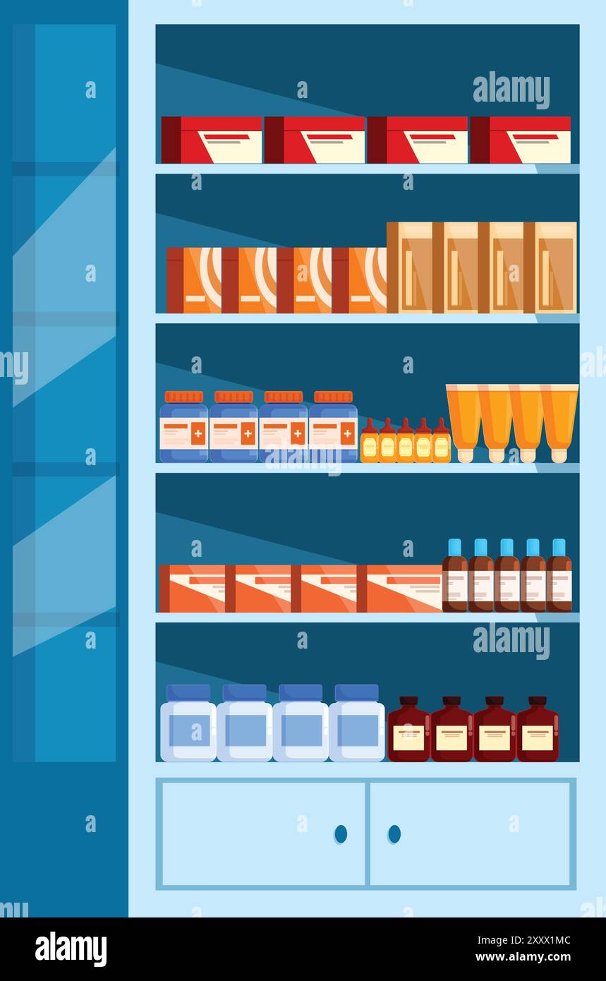 Intérieur de pharmacie avec étagère présentant des produits médicaux Illustration de Vecteur