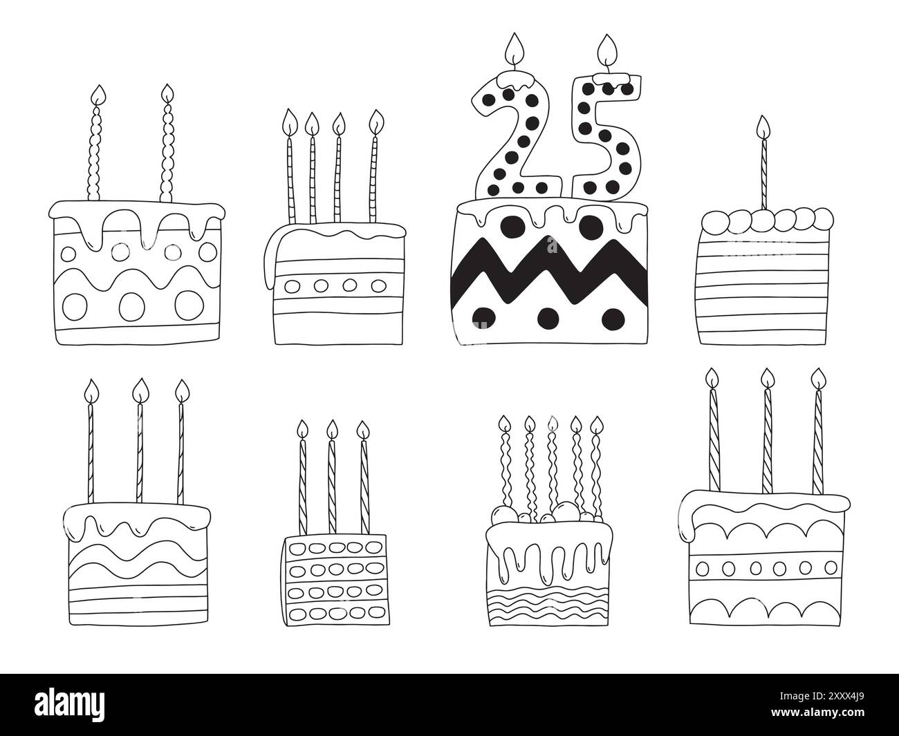 Tranches dessinées à la main de gâteaux avec bougies ensemble Illustration de Vecteur