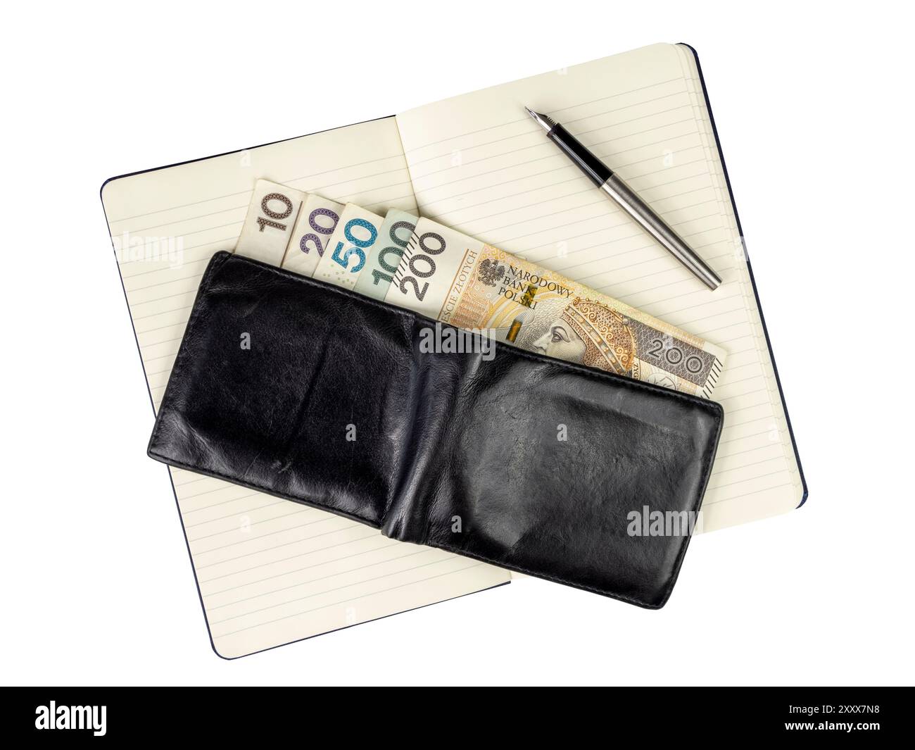 Portefeuille avec billets de banque polonais et stylo couché sur le carnet. Il y a de l'argent qui sort du portefeuille. Banque D'Images