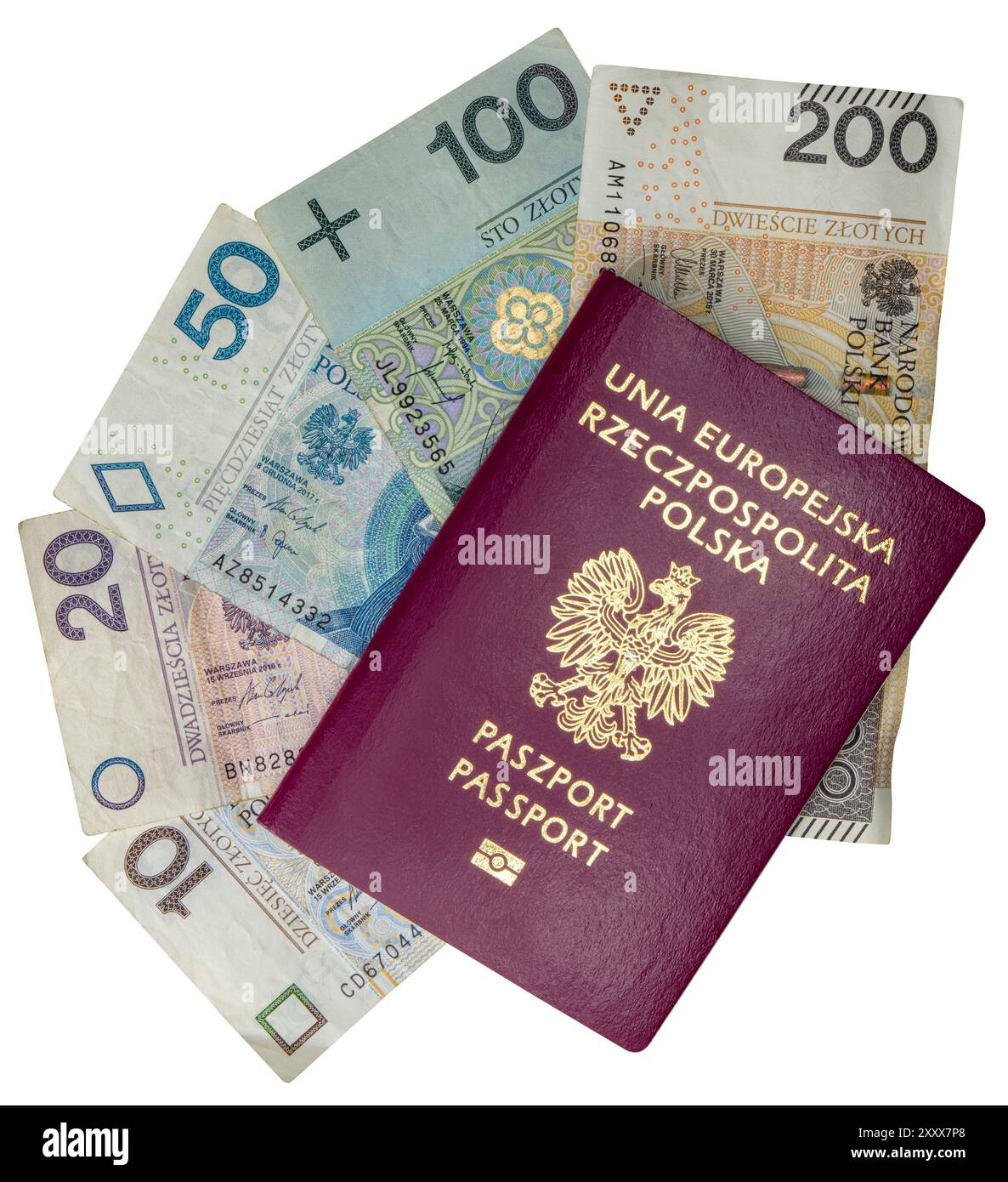 Passeport de la République de Pologne apposé sur des billets de banque en zloty. Banque D'Images