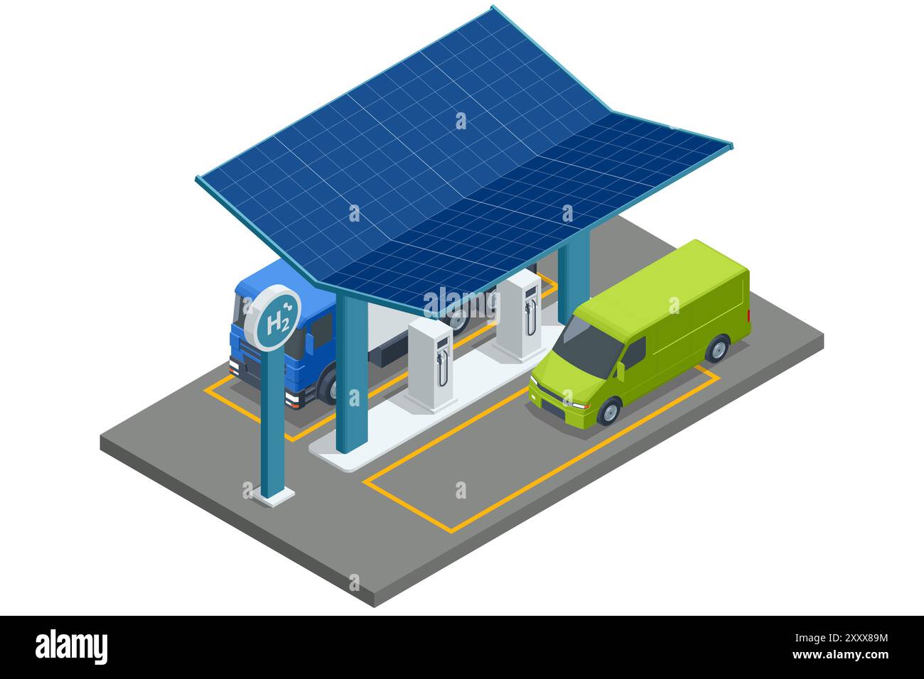 Transport isométrique alimenté par hydrogène. Station de recharge de carburant hydrogène avec distributeurs pour véhicules H2. Énergie verte. Station d'hydrogène Illustration de Vecteur