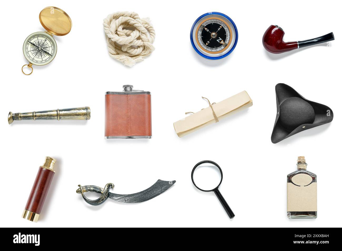 Ensemble des attributs du pirate sur fond blanc Banque D'Images