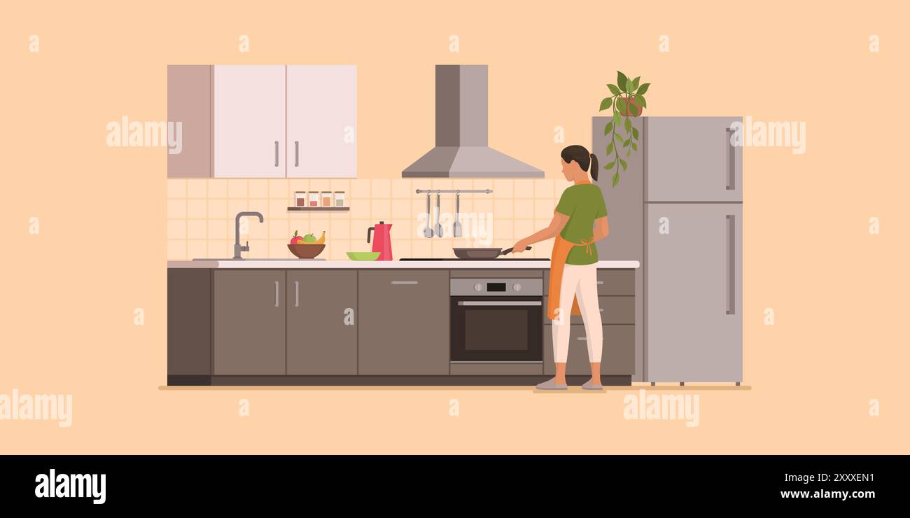 Femme cuisinant dans la cuisine, elle fait frire des aliments dans une casserole, nourriture saine et concept de style de vie Illustration de Vecteur