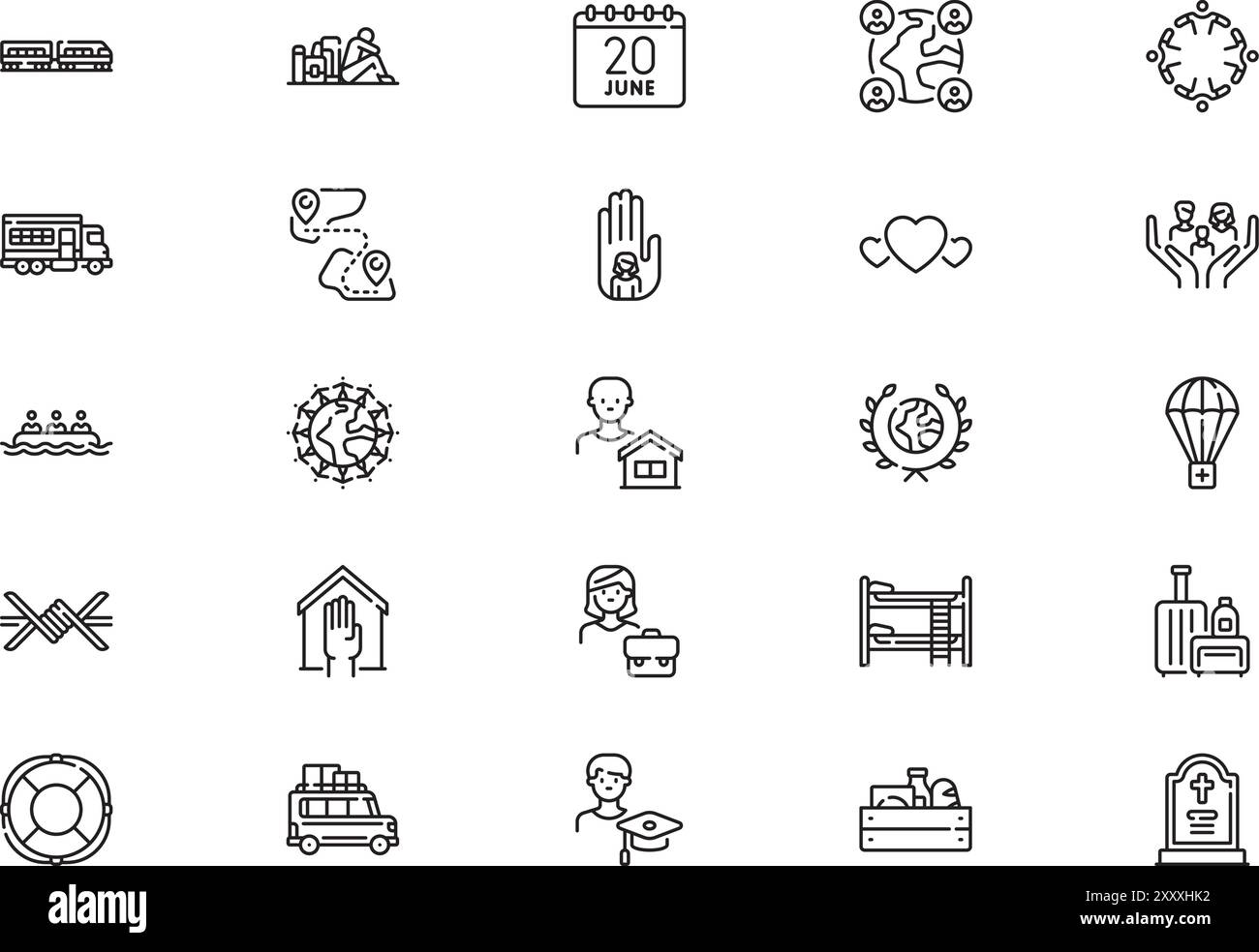 La collection d'icônes de la journée mondiale des réfugiés est une illustration vectorielle avec un trait modifiable. Illustration de Vecteur