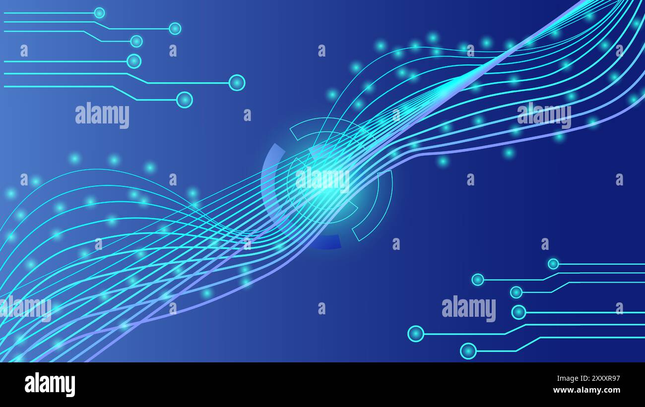 Données techniques et diagrammes du circuit de bannière. Lignes et nœuds symbolisant les connexions. Puces et micropuces. Traitement de données de réseau neuronal. Fond futuriste. Micropuces. Vecteur. Illustration de Vecteur