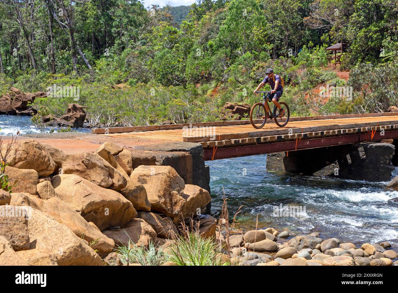 Traversez le Pont Germain à vélo dans le parc provincial Blue River Banque D'Images