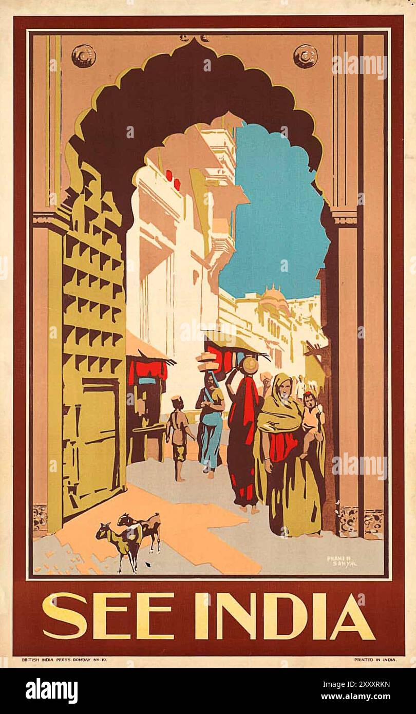 Affiche de voyage vintage. Voir Inde, par Pranya Sanyal. années 1910 Banque D'Images