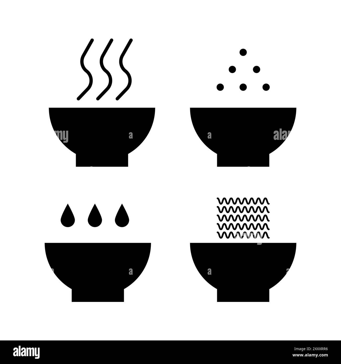 Icônes de préparation des aliments. Bols de cuisson avec vapeur, gouttes et grains. Symboles noirs minimaux. Conception plate simple. Illustration de Vecteur