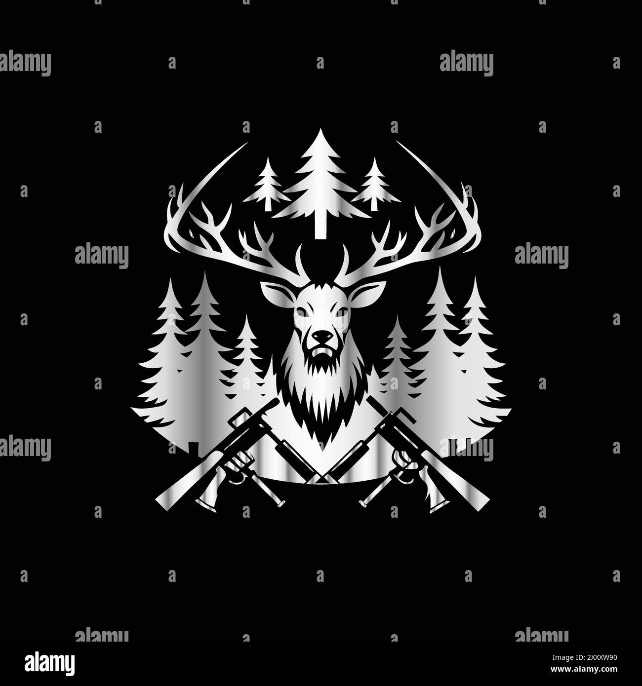 Tête de chasseur de cerfs avec une arbalète et une forêt. Illustration vectorielle. Logo de chasseur de cerfs avec forêt et montagnes en noir et blanc Illustration de Vecteur