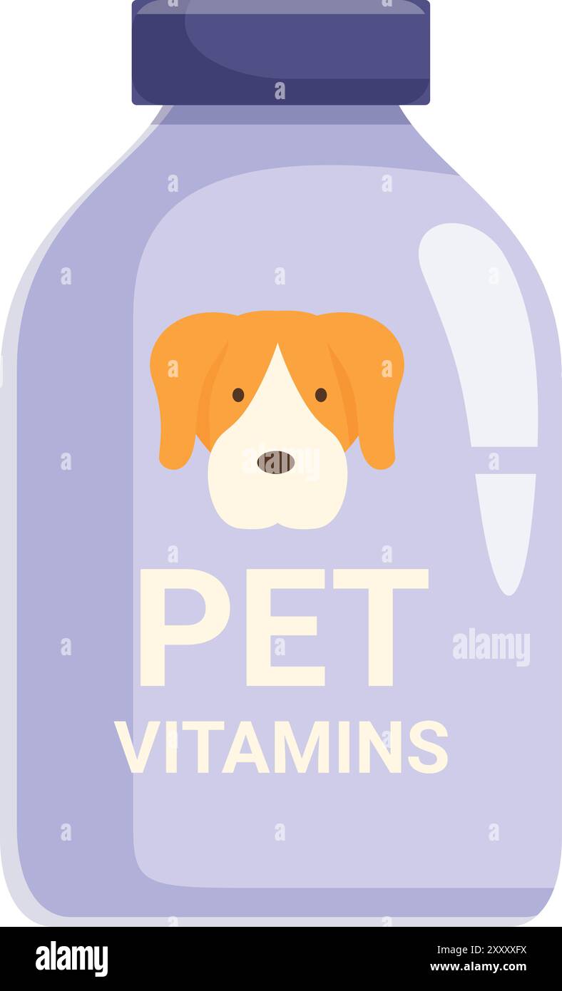 Bouteille en plastique contenant des vitamines pour chiens, avec un chien beagle mignon sur l'étiquette Illustration de Vecteur
