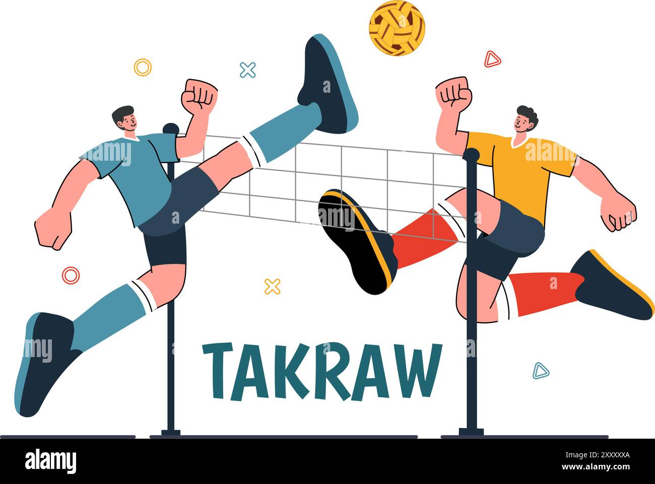 Sepak Takraw illustration vectorielle avec athlète frappant le ballon sur un court pendant une compétition sportive dans un fond de dessin animé de style plat Illustration de Vecteur